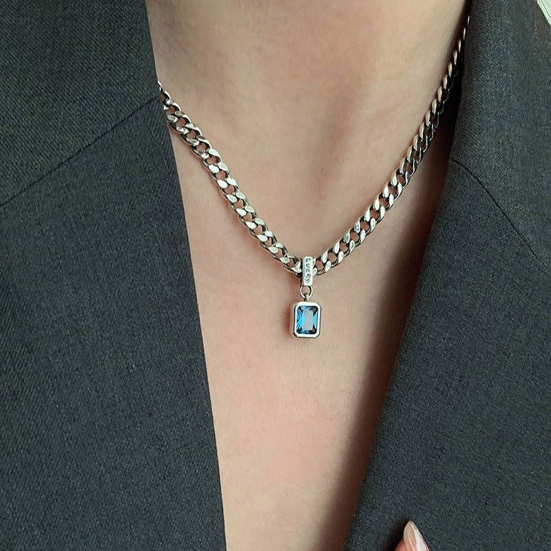 New 925 Sterling Silver Square Blue Zirconia Necklace Cuban Type Choker Matching Party Gift Exquisite Women&#39;s Jewelry - Charlie Dolly