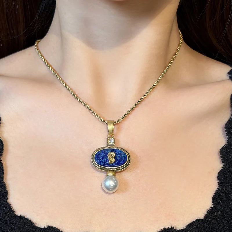 Vintage Cameo Jewelry Set Woman Avatar Pendent Pearl Necklace Lapis Lazuli Stud Earrings Blue Natural Stone Wedding Party 2026