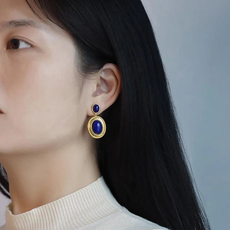 New design inlaid lapis lazuli oval hollow earrings exaggerated punk style retro ancient gold craftsmanship women's jewelry - Charlie Dolly