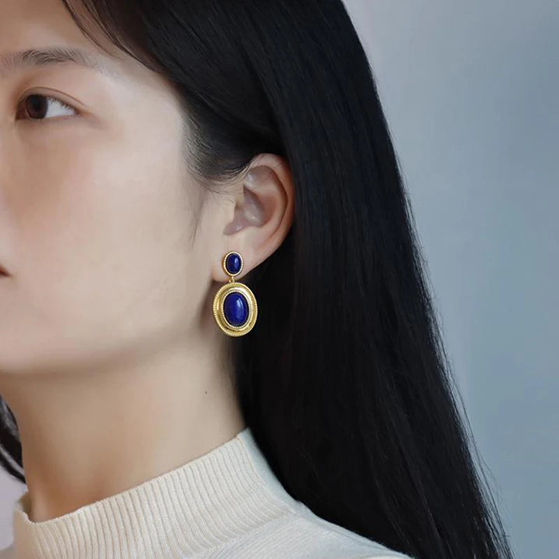 New design inlaid lapis lazuli oval hollow earrings exaggerated punk style retro ancient gold craftsmanship women's jewelry