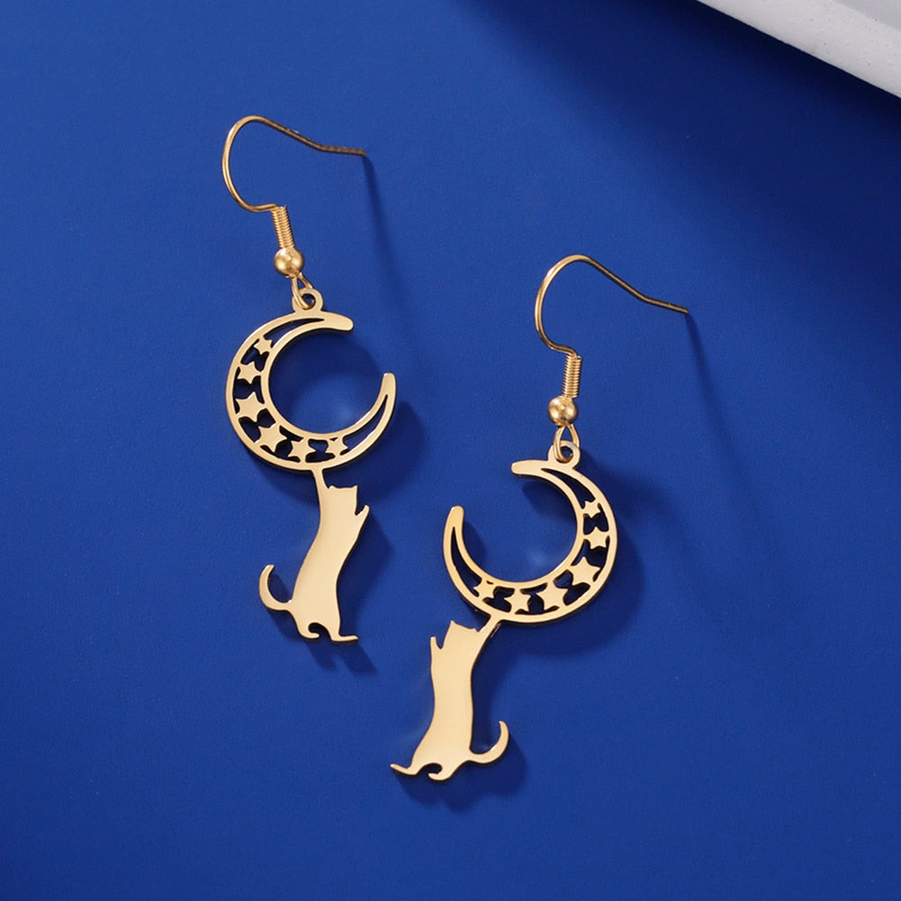 Lucktune Crescent Moon Cat Drop Earrings Stainless Steel Cute Kitten Animal Earrings for Women 2023 Goth Jewelry Birthday Gift - Charlie Dolly