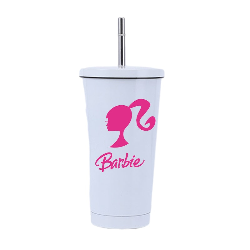 New 500/750Ml Kawaii Barbie Stainless Steel Straw Cup Anime Portable Large Capacity Insulation Cold Coffee Mug Water Bottle Gift