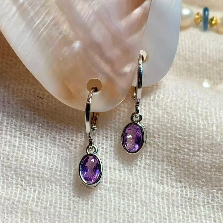 Vintage Amethyst Hoop Earrings, Handmade 14K Gold-Plated Gemstone Jewelry