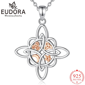 Eudora 925 Sterling Silver Witch Knot Necklace Witchcraft Celtic Knot Star Moon Geometric Pendant Men Women Jewelry Party Gifts
