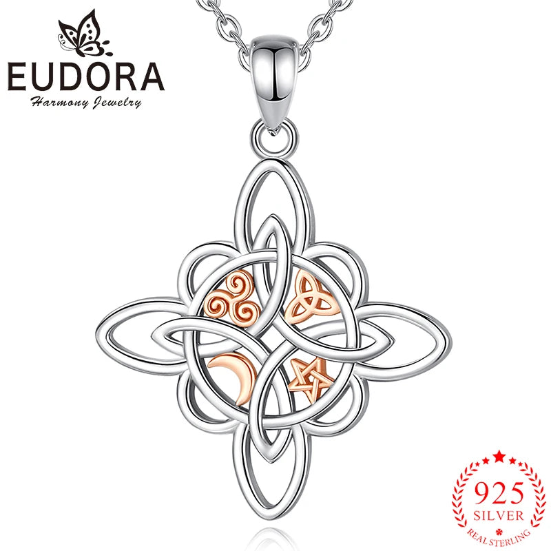 Eudora 925 Sterling Silver Witch Knot Necklace Witchcraft Celtic Knot Star Moon Geometric Pendant Men Women Jewelry Party Gifts