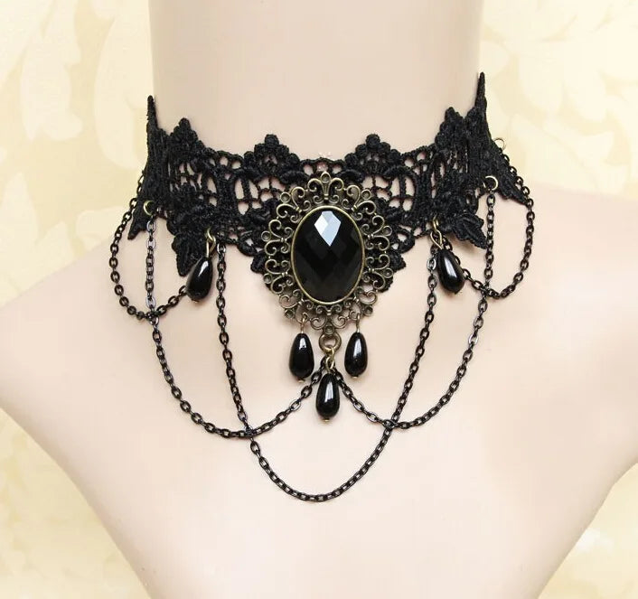 NEW Gothic Victorian Black Water Drop Pendant Lace Necklace Women Girl Tassel Steampunk Style Halloween Jewelry Earings for Girl - Charlie Dolly