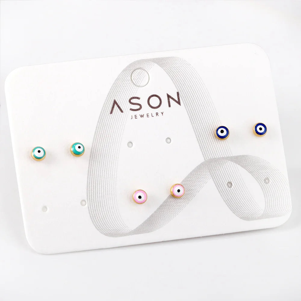 LUXUSTEEL 3Pairs Boho Colorful Round Evil Eyes Stud Earrings For Women Men Gold Plated Stainless Steel Turkish Ear Jewelry Set