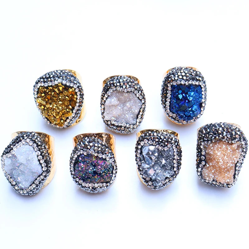 Irregular Geode Stone Agate Slices Open Ring Unisex Black Color Boho Resizable Finger Jewelry