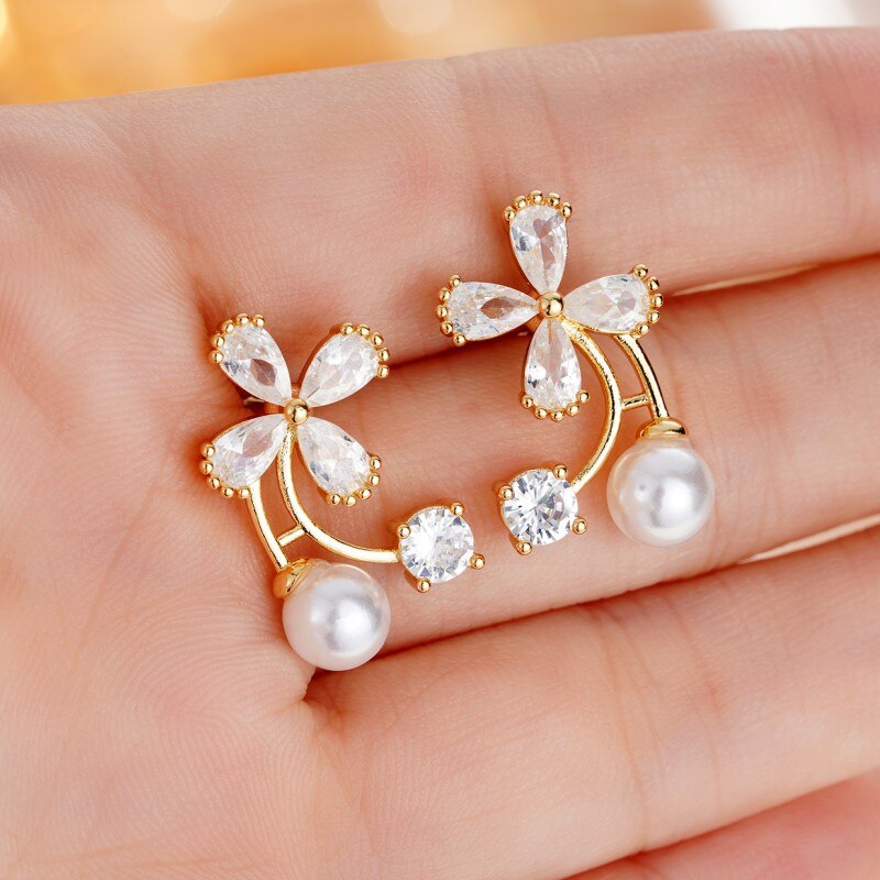 Huitan Temperament Sweet Flower Stud Earrings with Simulated Pearl Korean Fashion Ear Piercing Earrings Women Statement Jewelry - Charlie Dolly