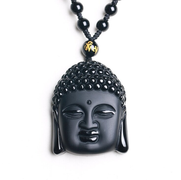 Fashion Frosted Obsidian Sakyamuni Buddha Head Charm Men and Women Amulet Necklace Buddhist Religious Jewelry
