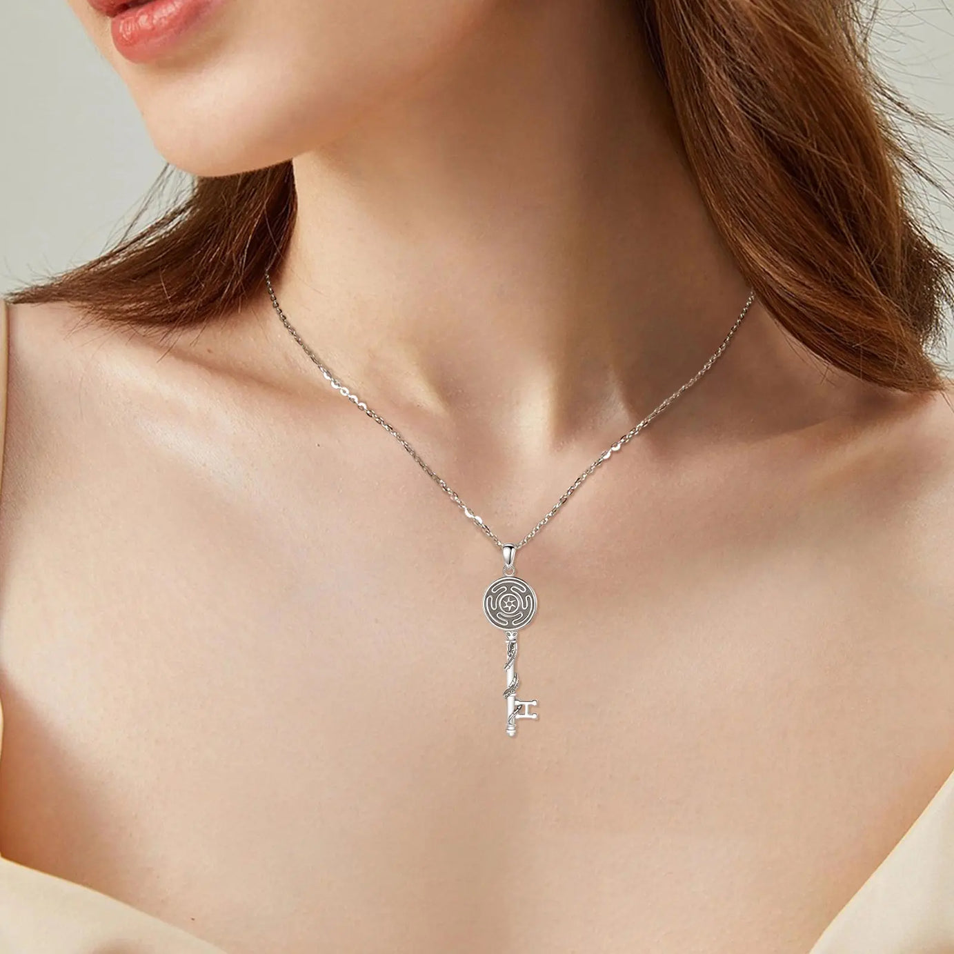 S925 Sterling Silver Hecate Wheel, Snake & Key Pendant Necklace, Triple Goddess Witch Pagan Amulet