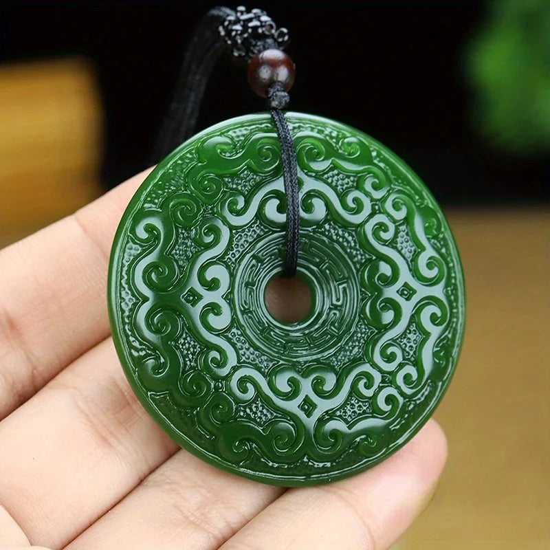 Genuine Natural Jade Pendant Green Circle Hand-polished Double-sided Carving Men and Women Lovers Models Charm Jewelry Necklace