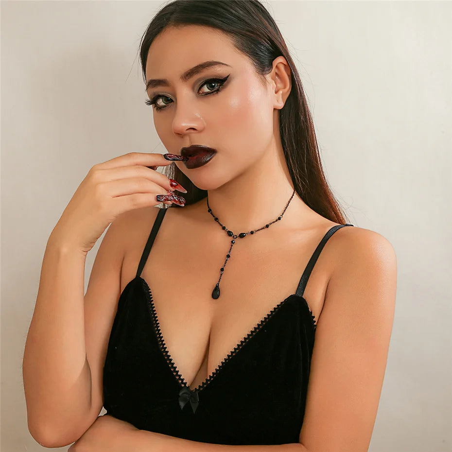 Goth Black Water Drop Crystal Chest Chain Necklace for Women Collares Vintage Sexy Link Choker Y2K Halloween Jewelry Accessories - Charlie Dolly