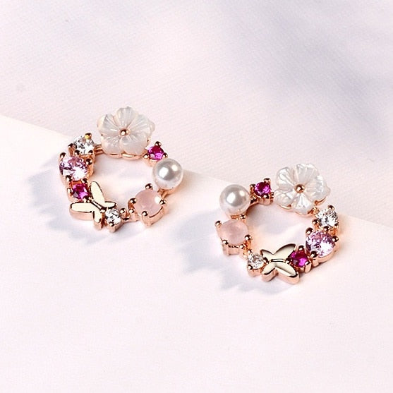 French Light Luxury Flower Butterfly Pearl Stud Earrings For Women Korean Zircon Exquisite Earring Party Christmas Jewelry Gift - Charlie Dolly