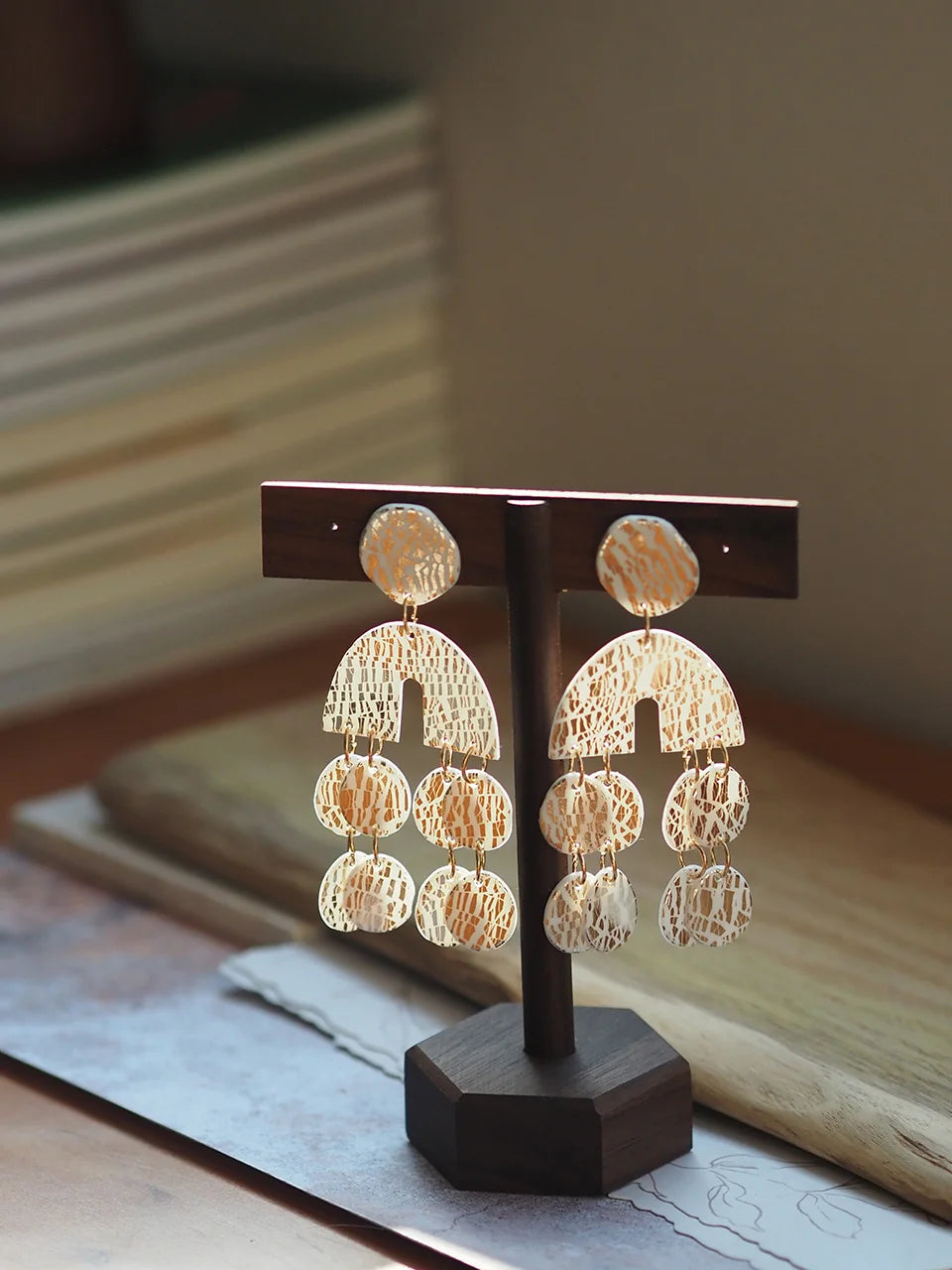 Boho Chic Metalic Textured Polymer Clay Statement Earrings Large Geometric Arch Drop with Round Fringe Aesthetic Jewelry Summer