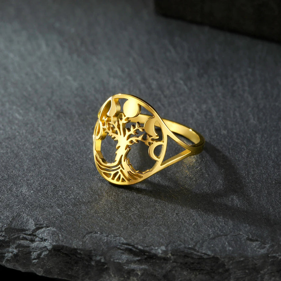 Moon Phase Tree of Life Ring, Stainless Steel
