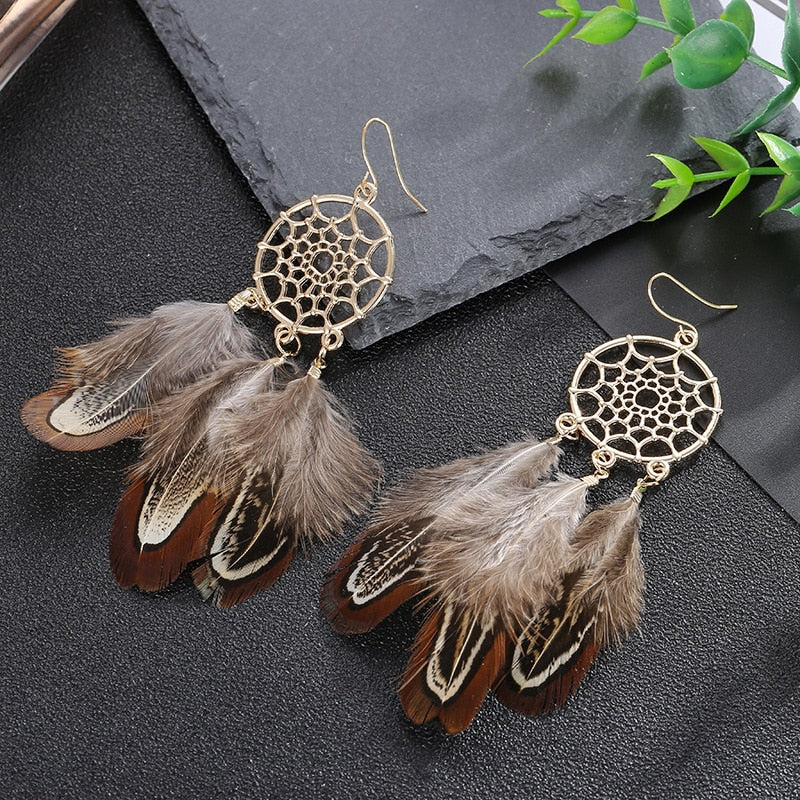 Bohemian Ethnic Round Green Rice Bead Feather Earrings for Women Retro Simple Temperament Dangle Earrings Party Wedding Jewelry - Charlie Dolly