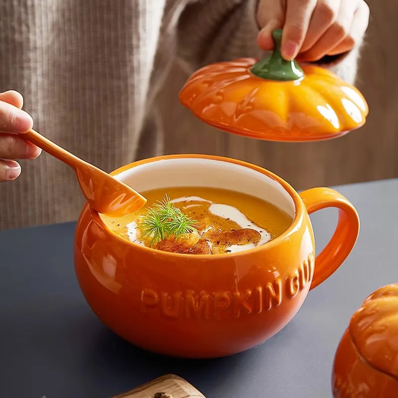 300/450ML Halloween Pumpkin Shaped Ceramic Cup With Spoon Kawaii Soup Mug With Lid  Oatmeal Cup Creative Water Cup - Charlie Dolly