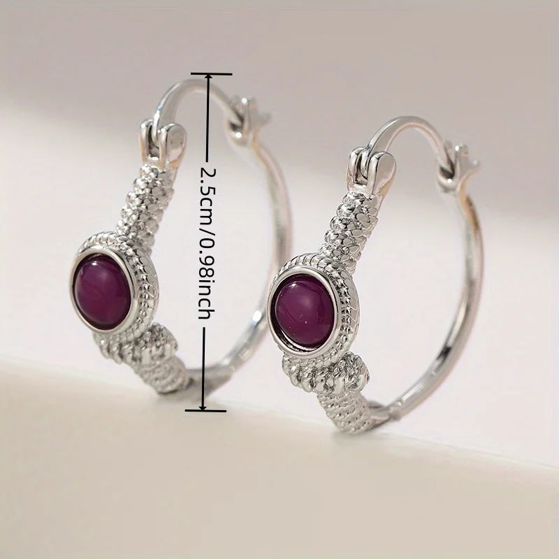 Bohemian Style Vintage Inlaid Synthetic Amethyst Silvery Plated Hoop Earrings for Women Fashion Banquet Jewelry Accessories Gift