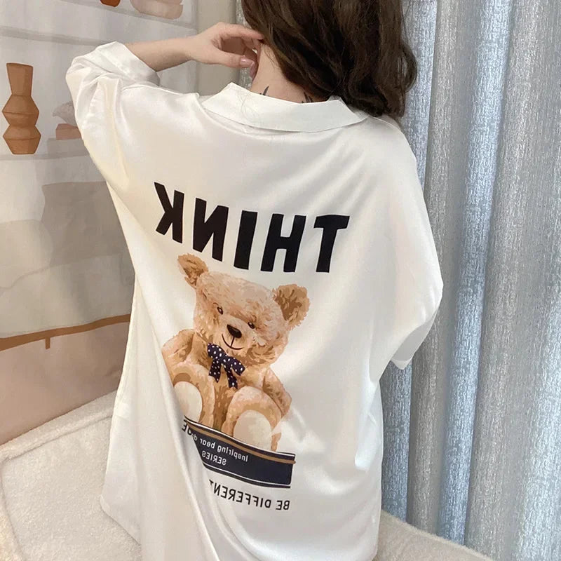 Women Sexy Leopard Print Nightgown Lapel Short Sleeve Satin Silk Cardigan Nightdress Hot Nighty Summer Nightgowns Mini Pajamas - Charlie Dolly