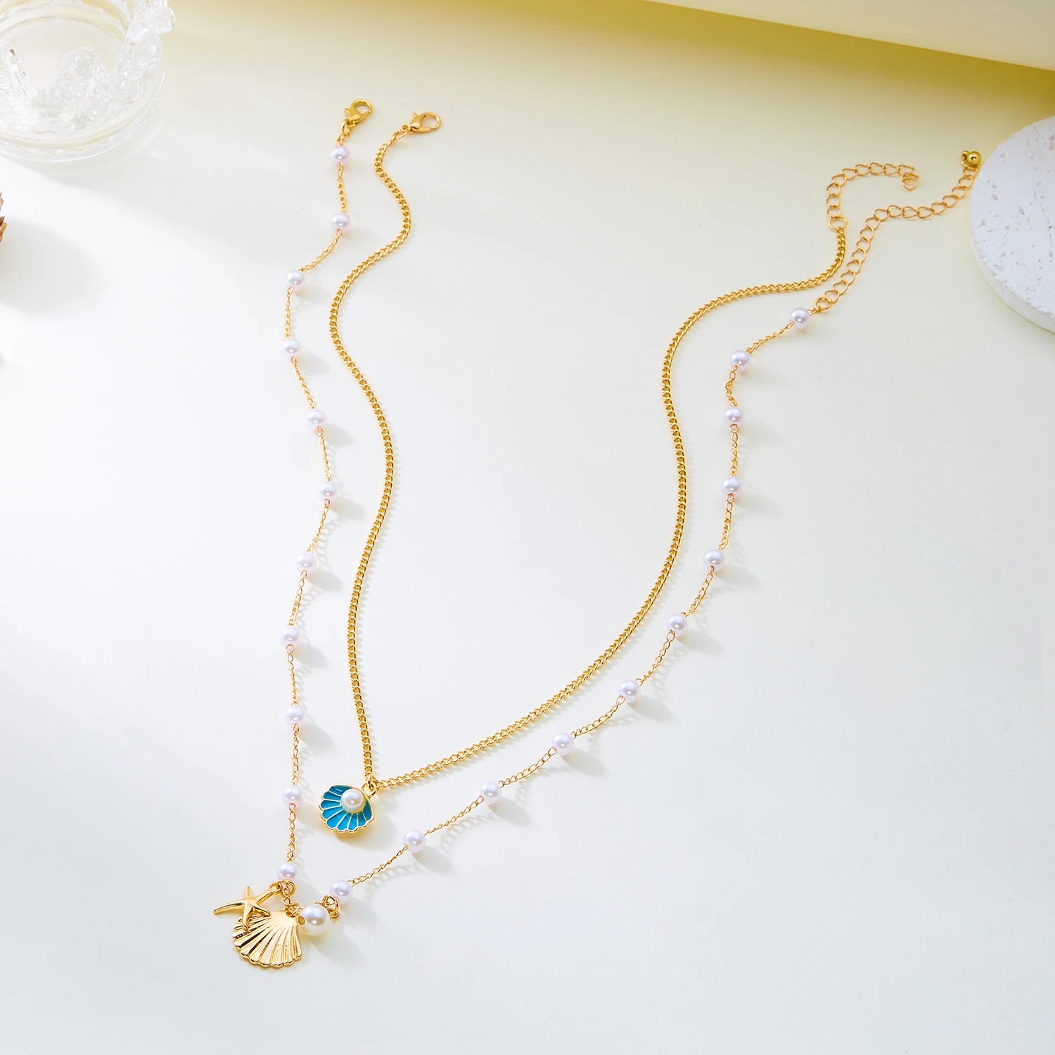 Boho Bohemian Sea Shell Starfish Pendant Necklaces For Women Double Layered Tortoise Imitation Pearl Bead Chain Beach Jewelry