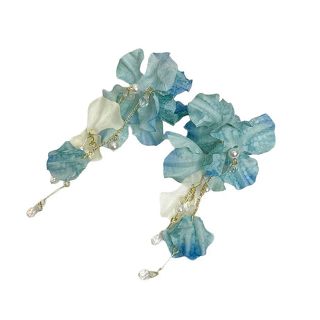 Blue Cloth Flower Long Tassel Earrings Jewelry