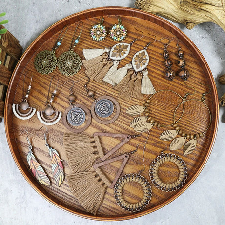 Wooden Bead Flower Leaf Long Tassel Earrings Jewelry