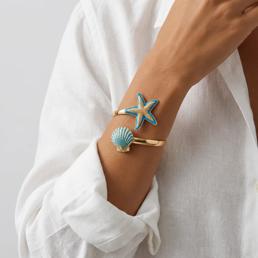 Boho Summer Starfish Shell Open Bangle for Women Gold Color Metal Blue Enamel Marine Bracelet Fashion Beach Vacation Jewelry