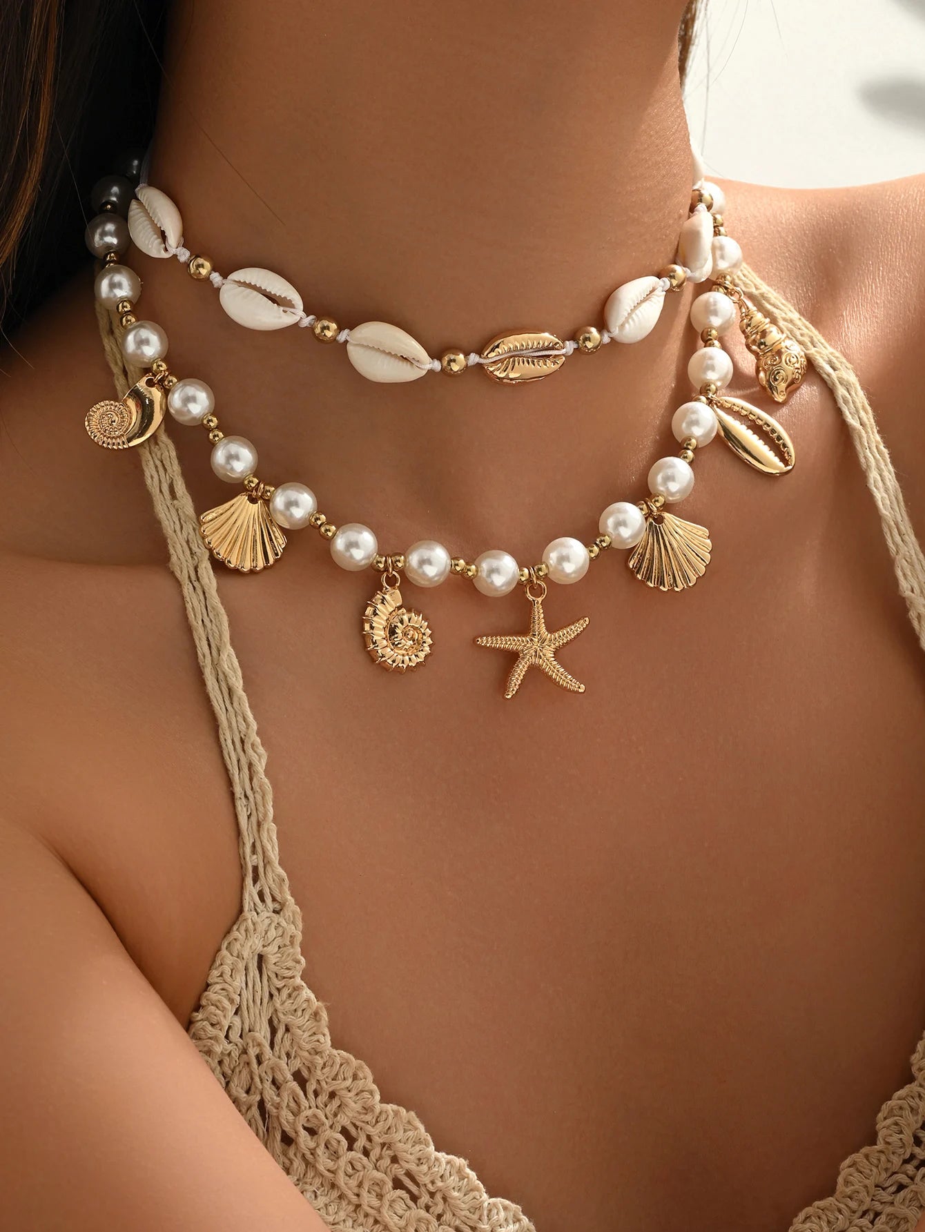 Baroque Imitation Pearl Choker Necklace Starfish Shell Pendant Boho Adjustable Summer Beach Jewelry for Women