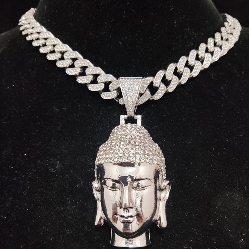 Men Women Hip Hop Buddha Pendant Necklace with 13mm Crystal Cuban Chain HipHop amulet Necklaces Fashion Charm Jewelry Best Gifts - Charlie Dolly