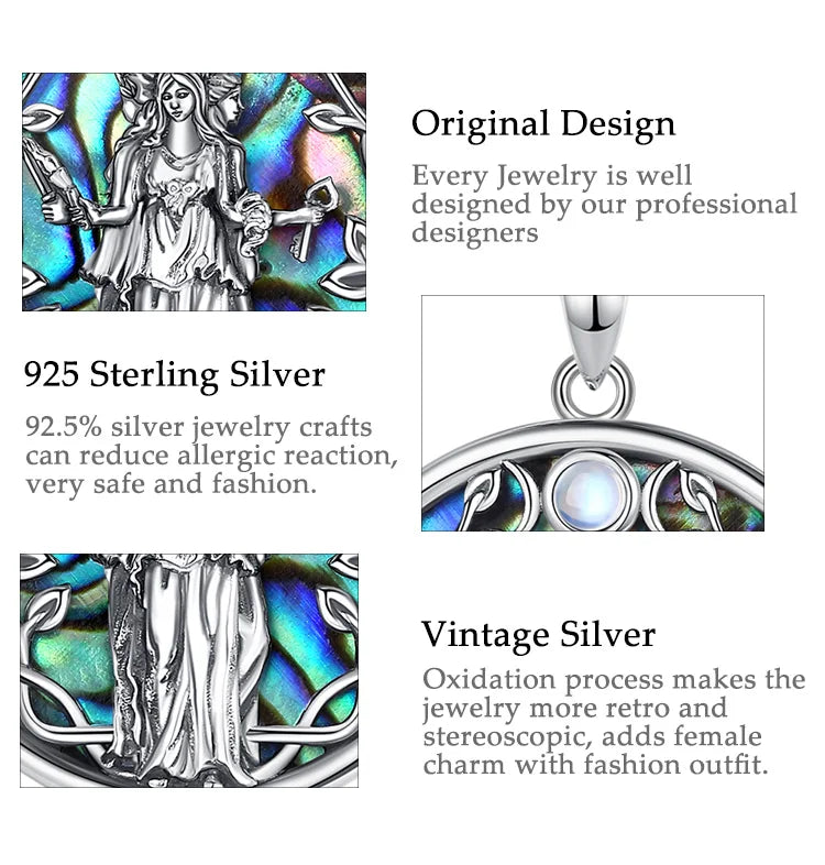 Eudora 925 Sterling Silver Triple Moon Goddess Necklace for Women Hecate Amulet Pendant Natural Abalone Jewelry Personality Gift