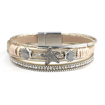 ALLYES Charm Starfish Shell Leather Bracelet for Women Men Boho Metal Tube Crystal Beads Chain Bracelets & Bangles Beach Jewelry