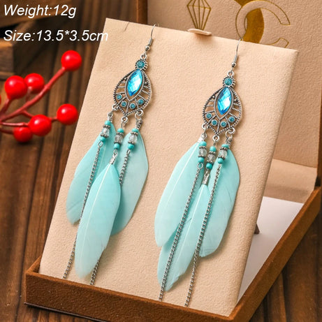Blue Enamel Feather Crystal Long Earrings Jewelry