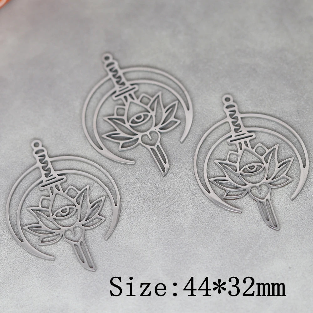 3pcs Exquiaite Amulet Moon Lotus Flower Charms DIY Craft Earrings Necklace Jewelry Making Yogo Buddhism Stainless Steel Pendant