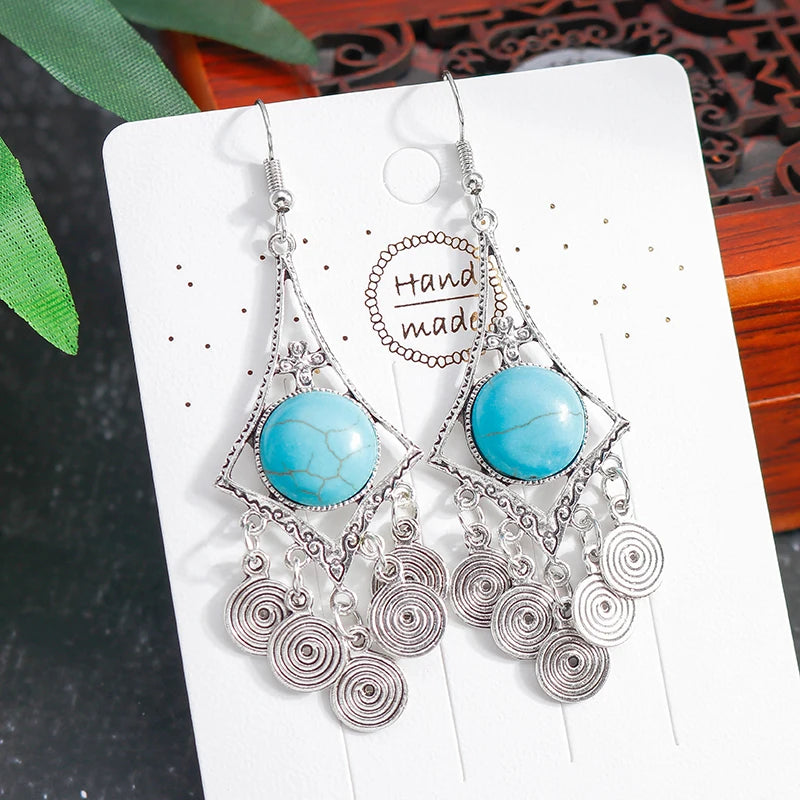 Boho Vintage Turquoise Water Drop Stud Earrings for Women Star Heart Flower Tribe Earring Statement Valentine Day Gift Jewelry