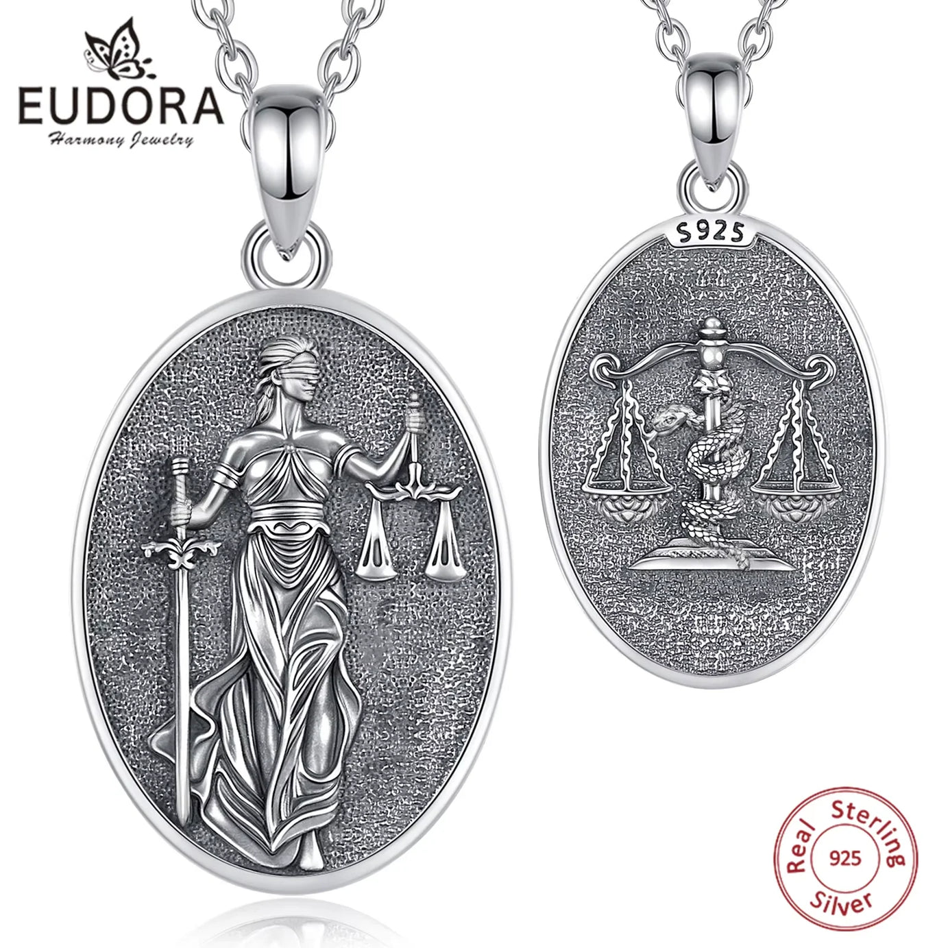 S925 Sterling Silver Themis Goddess of Justice Pendant Necklace, Sword & Scales Wicca Talisman