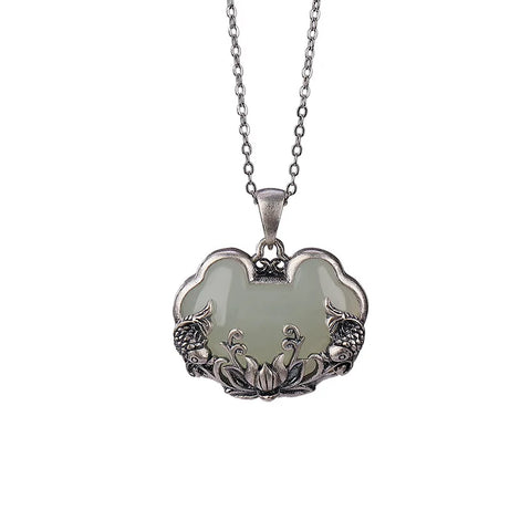 925 Silver Hotan Jade Lotus & Fish Ruyi Pendant, Boho Blessing Necklace