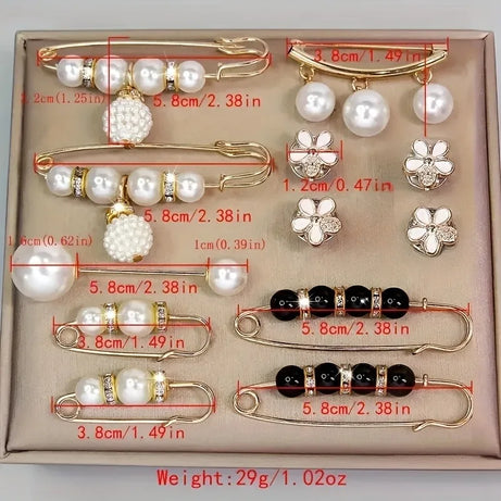 Elegant Faux Pearl Brooch Pin Set (14 Pieces)