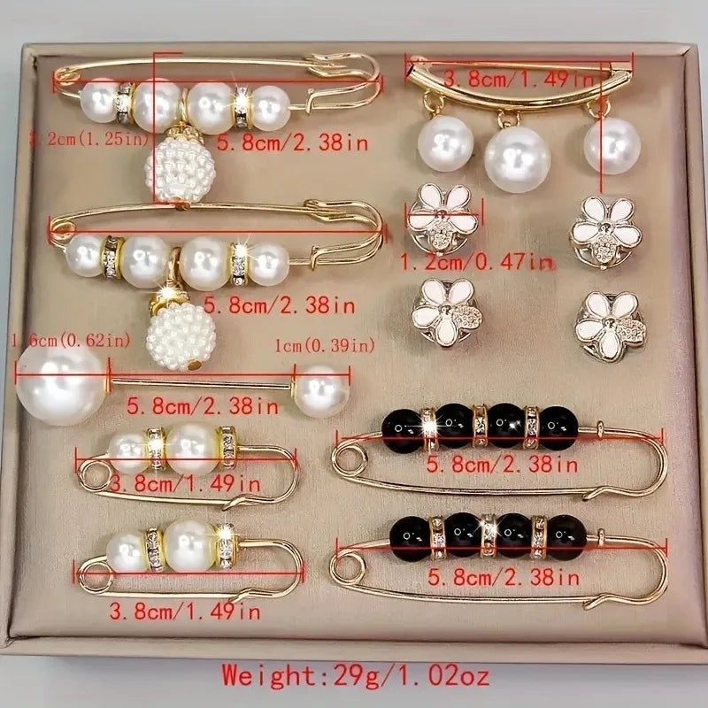 14pcs Elegant Faux Pearl Brooch Set, Alloy and Plastic, Irregular Shape, Suitable for Dresses, Hats Scarves, etc.