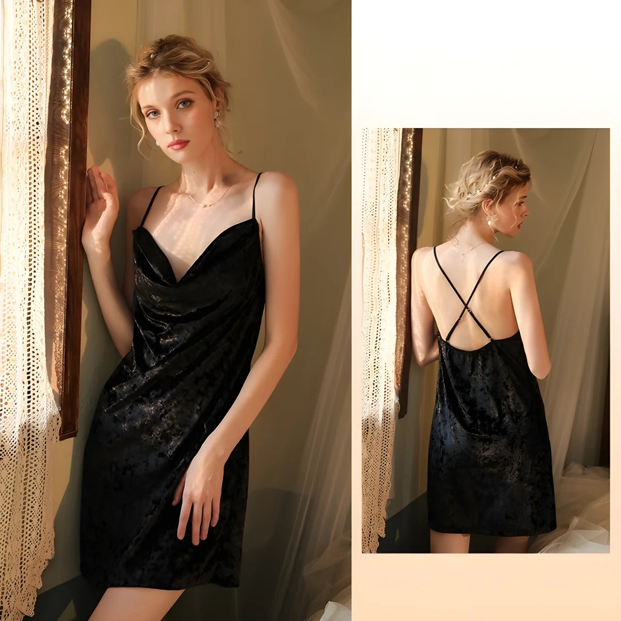 Women's home wear, velvet sexy pajamas, women's sexy halter nightdress, backless seductive home wear pajamas - Charlie Dolly