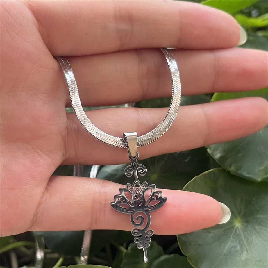 Unalome Lotus Pendant, Stainless Steel Yoga Sacred Path Necklace