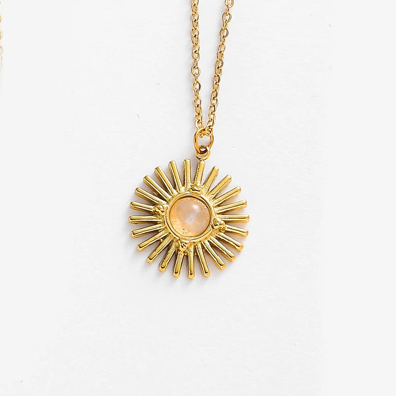 Boho Natural Stone Sun Flower Necklace for Women Bohemian Retro Stainless Steel Necklace Choker Necklaces Fashion Jewelry