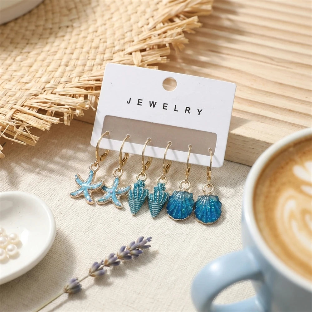 3 Pcs Boho Starfish Shell Hoop Earrings Set for Women Imitation Pearl Metal Geometric Earring Beach Party Versatile Jewelry