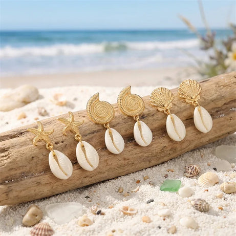 Boho Starfish, Conch and Scallop Pearl Pendant Earrings