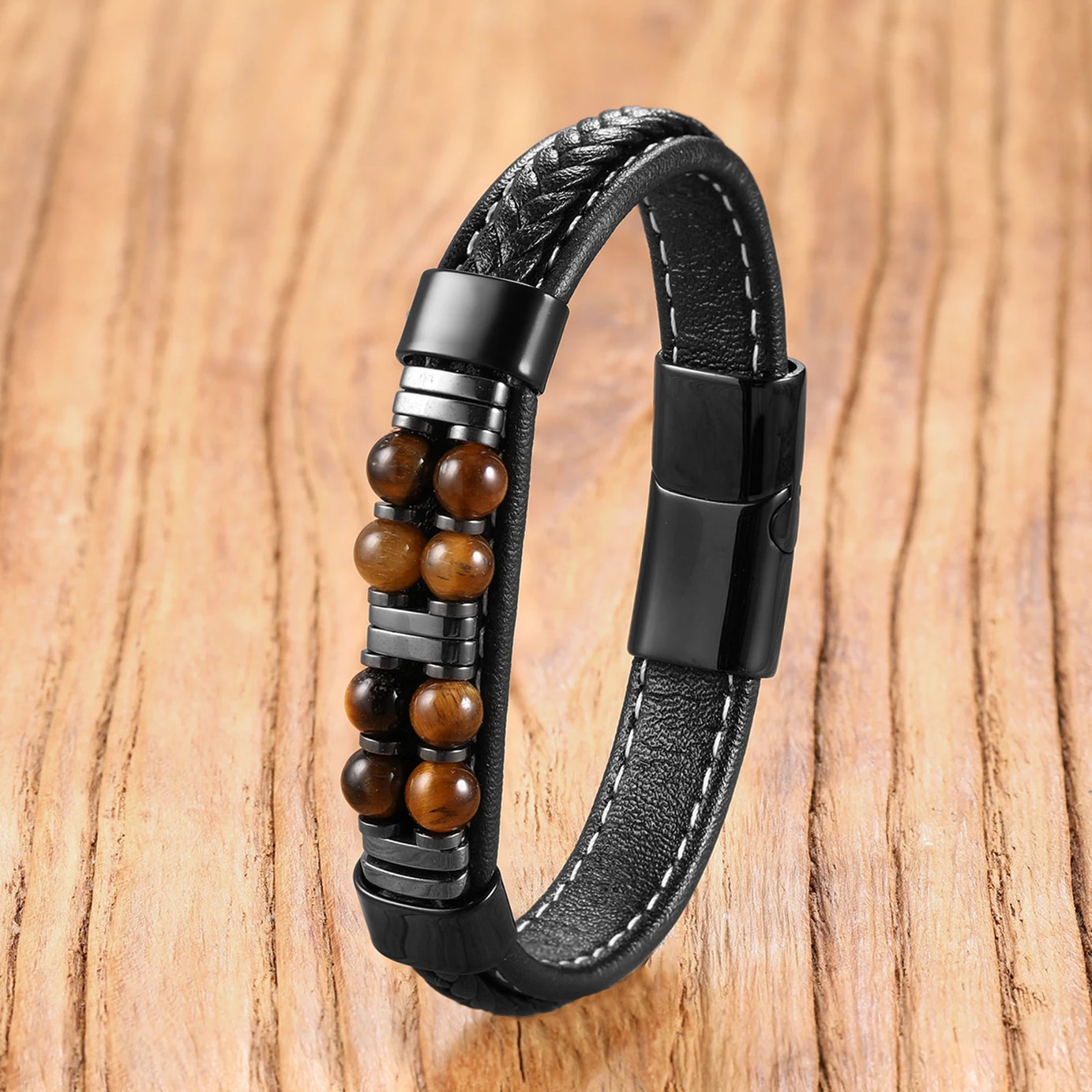 13 Styles Natural Stone Bead Bracelets, Handmade Leather Cord Jewelry with Stainless Steel Clasp, Boho Gift for Women Man - Charlie Dolly