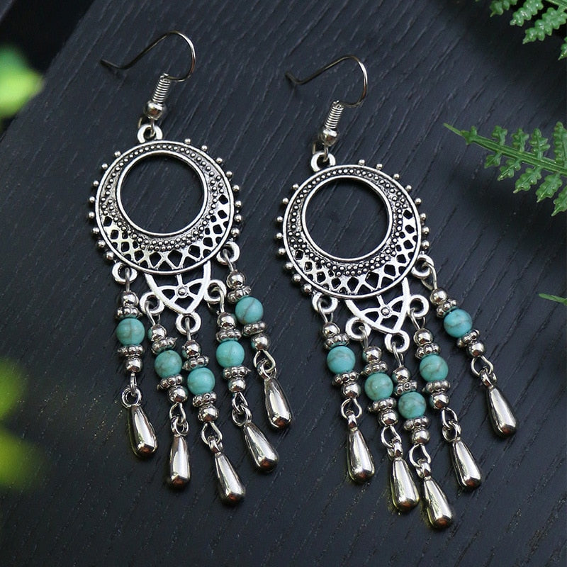 53 Styles Bohemian Vintage Tibetan Silver Geometric Drop Earrings For Women Ethnic Blue Stone Tassel Dangle Earrings Jewelry - Charlie Dolly