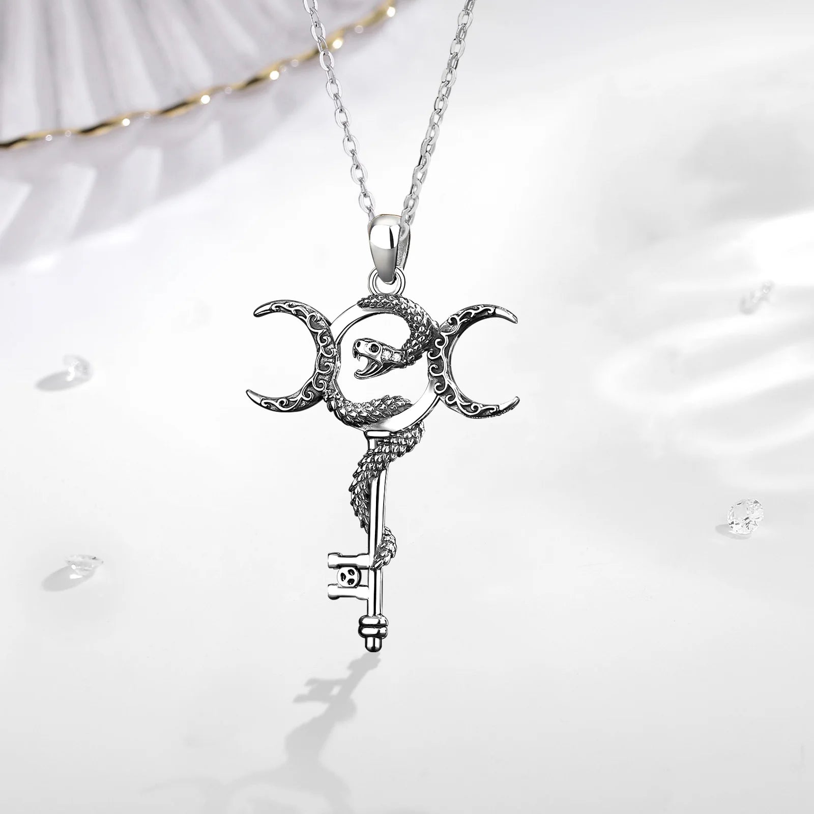 Eudora 925 Sterling Silver Hecate Triple Moon Goddess Necklace Snake Key Amulet Pendant Pagan Wicca Jewelry Gift for Women Men