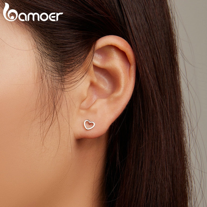 Bamoer 925 Sterling Silver Hollow Heart Stud Earrings Minimalist Silver Earrings for Women Engagement Anniversary Jewelry BSE717 - Charlie Dolly