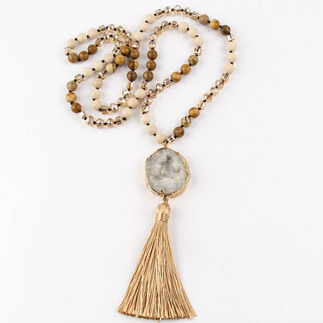 Knotted Druzy Stone Tassel Necklace Jewelry
