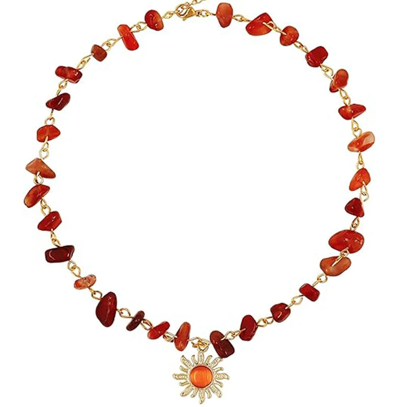 Natural Stone Boho Hippie Sun Necklace for Women Teen Girls, 18K Gold Palted Crystal Choker, Birthday Christmas Jewelry Gifts